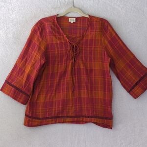 Emberley‎ Womens Pink Plaid Wide Sleeve Lace Up Peasant Shirt Size S